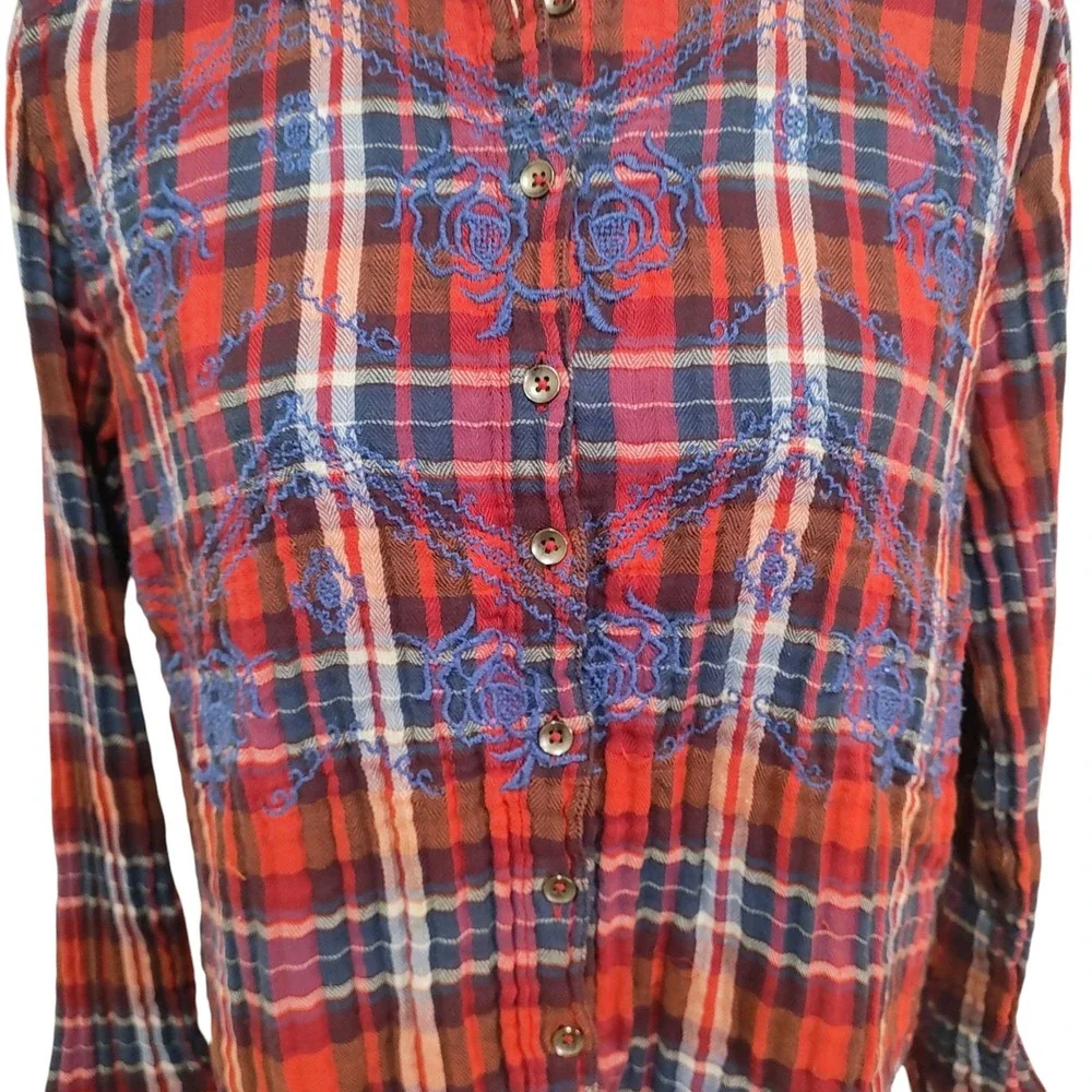 Free People Magical Plaid Button-Up Shirt Embroidered 4th of July‎ Patriotic S